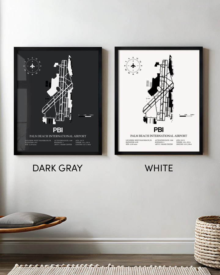 Framed Detailed Airport Map of Palm Beach International Airport (PBI) in White and Gray