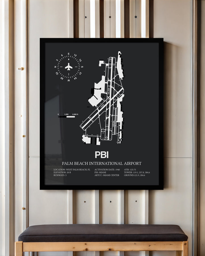 Framed Detailed Airport Map of Palm Beach International Airport (PBI) in Gray with a Black Frame
