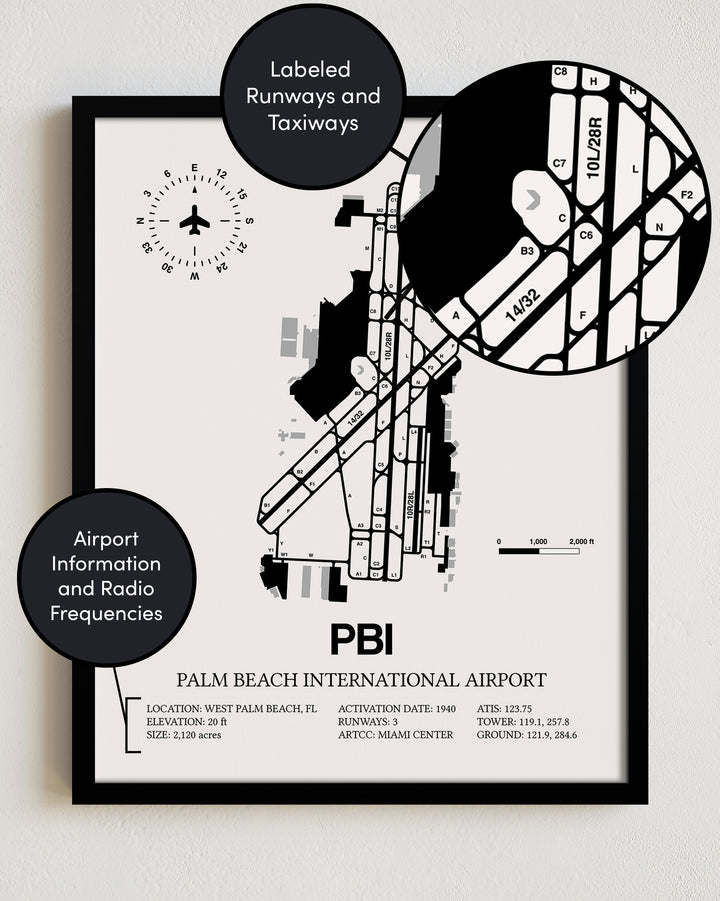 Framed Detailed Airport Map of Palm Beach International Airport (PBI) in White with a Black Frame