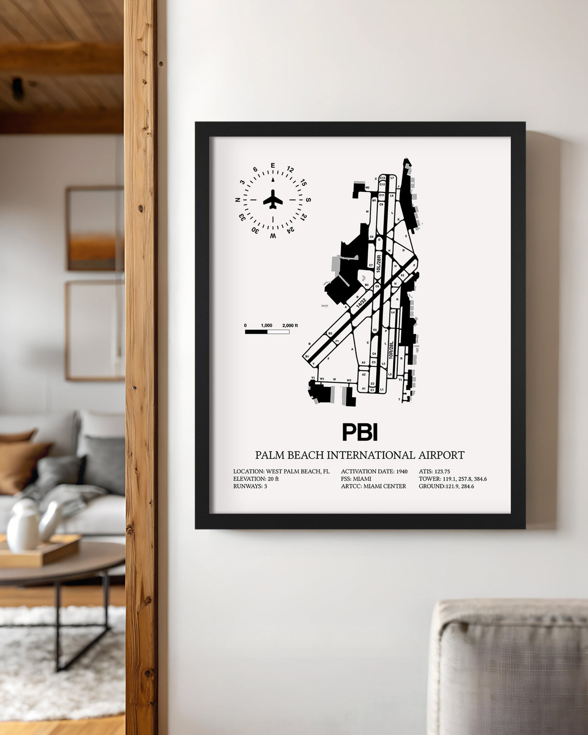 Framed Detailed Airport Map of Palm Beach International Airport (PBI) in White with a Black Frame