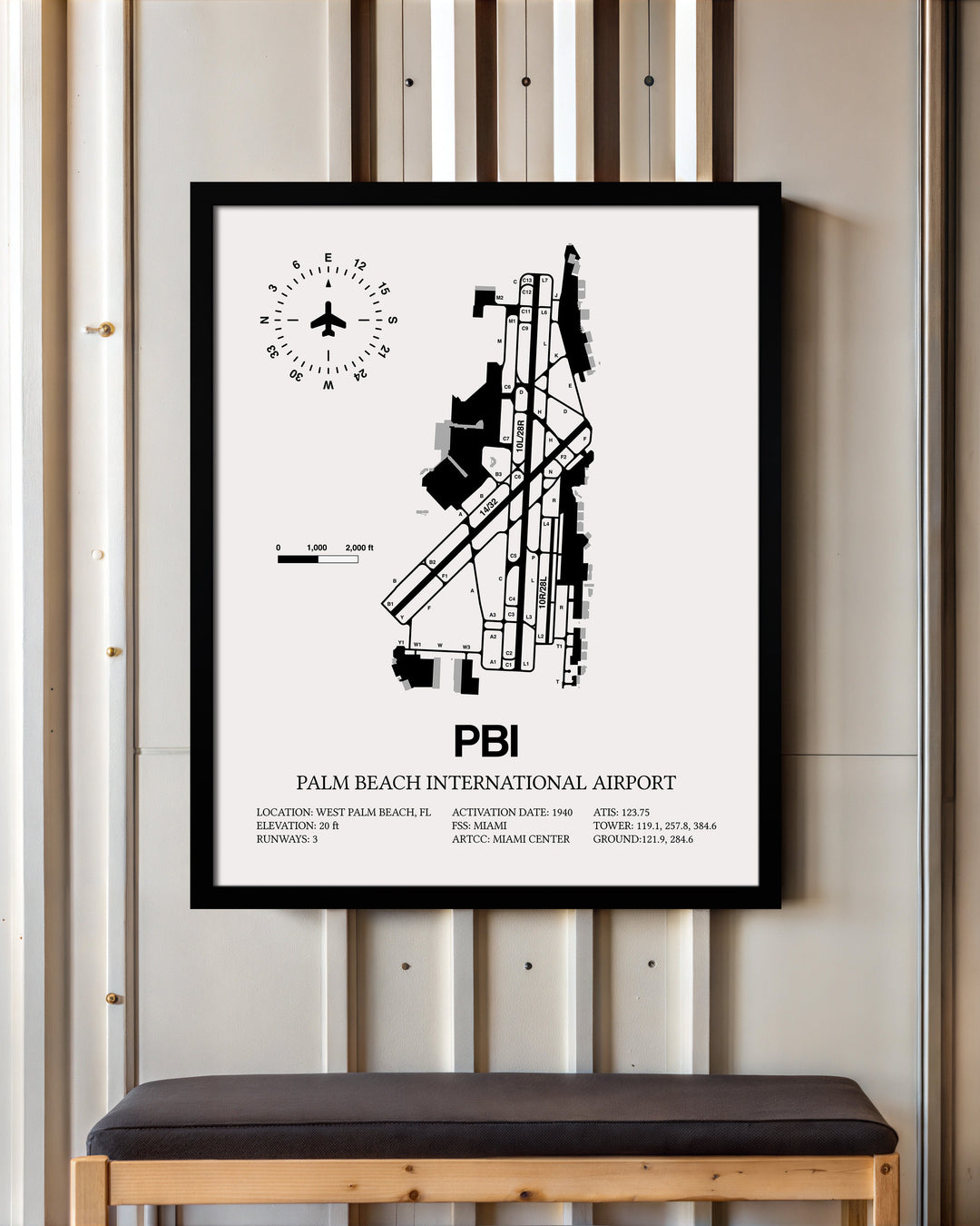 Framed Detailed Airport Map of Palm Beach International Airport (PBI) in White with a Black Frame