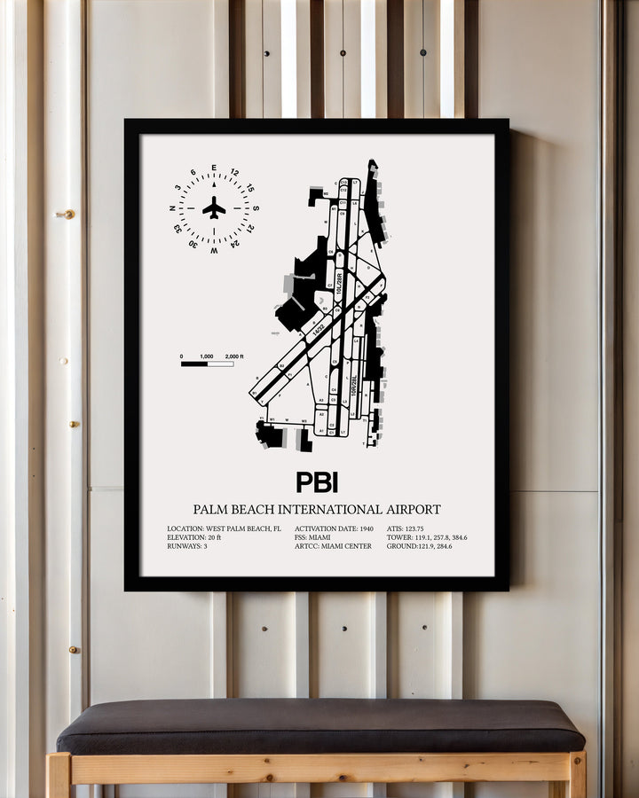 Framed Detailed Airport Map of Palm Beach International Airport (PBI) in White with a Black Frame