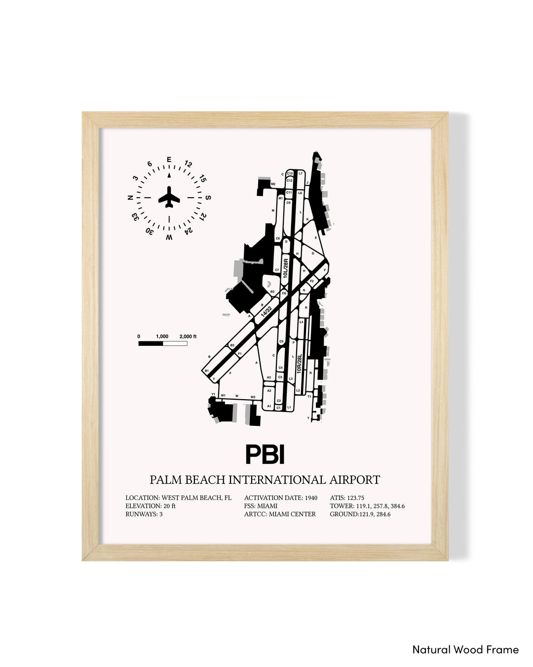 Detailed Airport Map of Palm Beach International Airport (PBI) in White with a Natural Frame