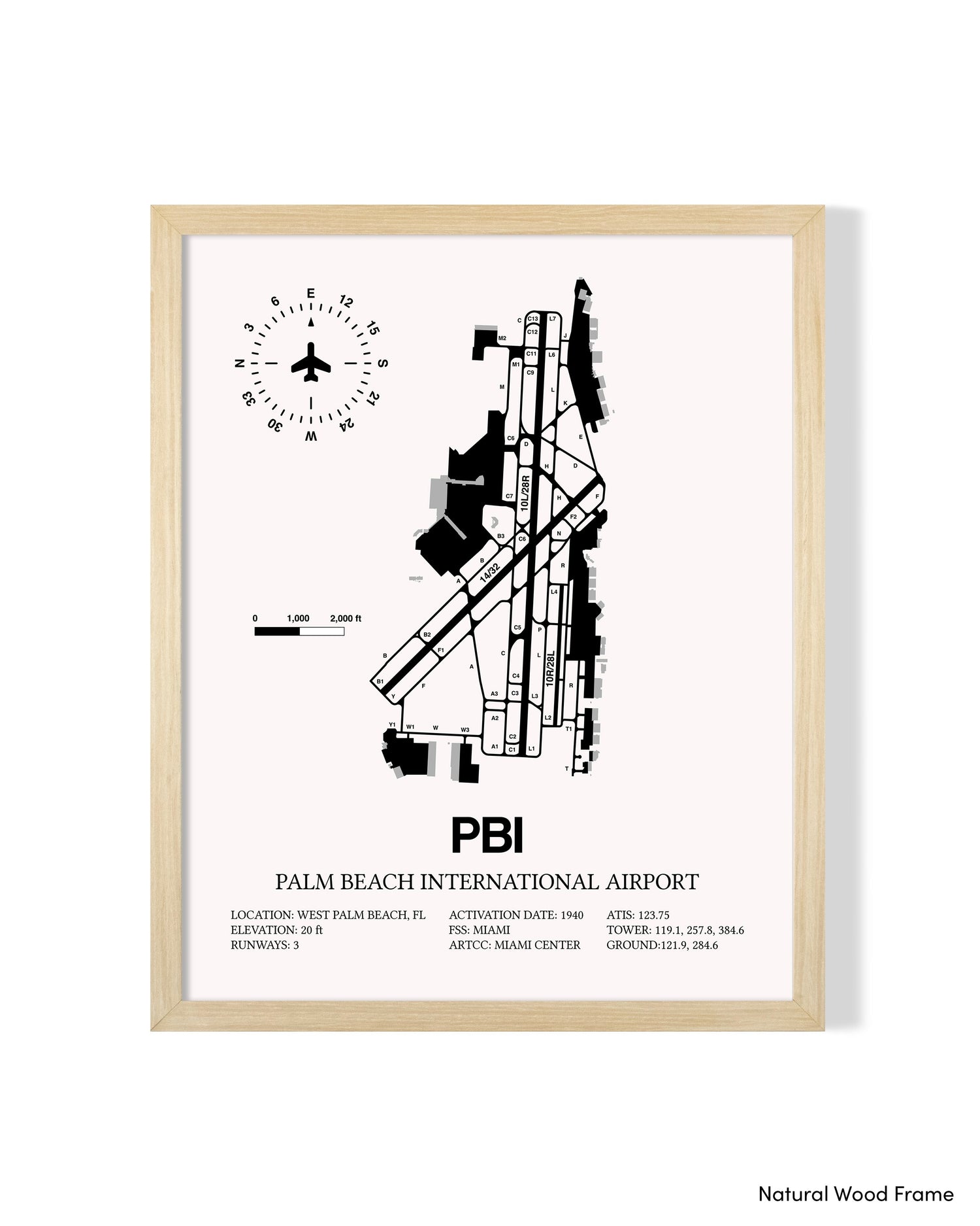 Detailed Airport Map of Palm Beach International Airport (PBI) in White with a Natural Frame