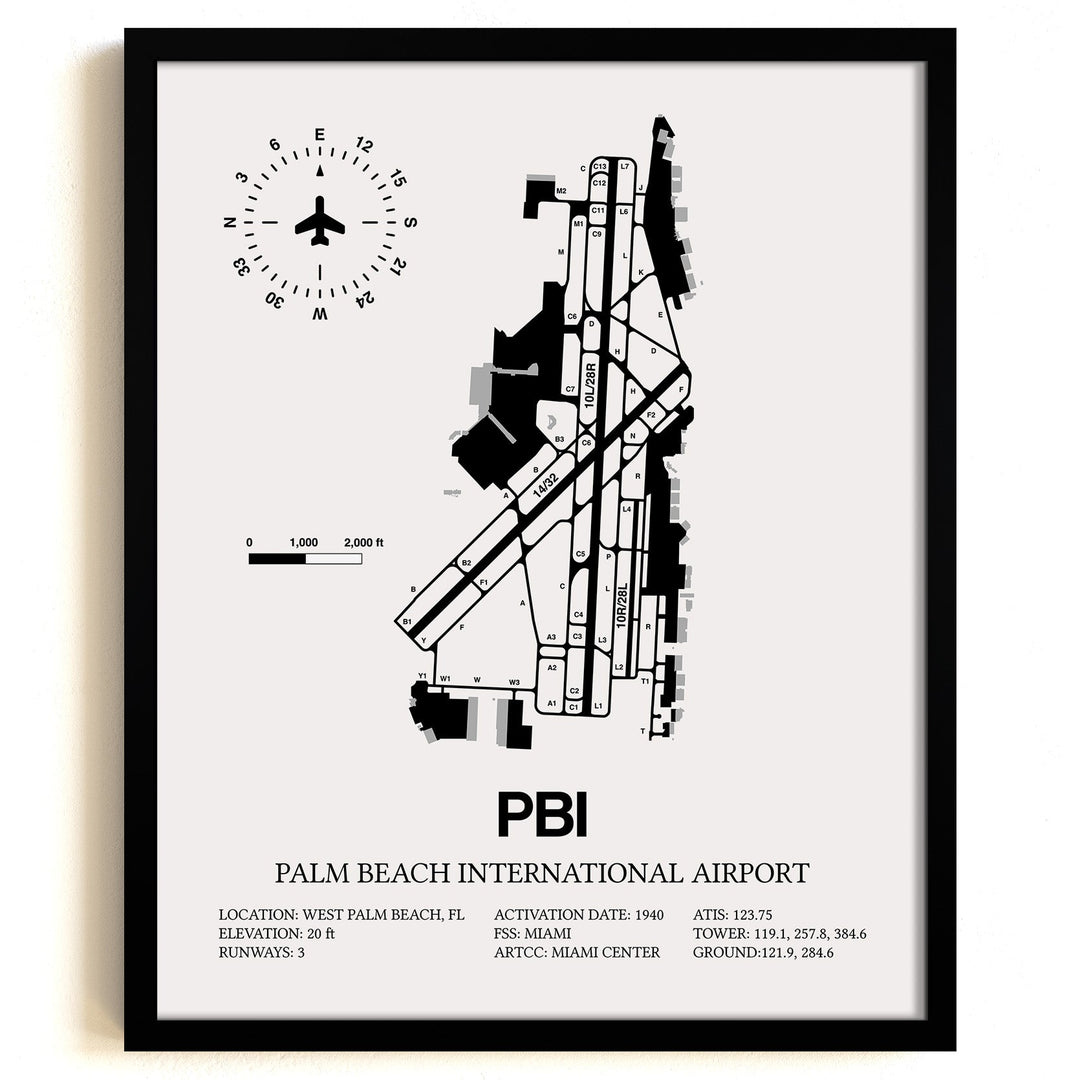 Framed Detailed Airport Map of Palm Beach International Airport (PBI) in White with a Black Frame