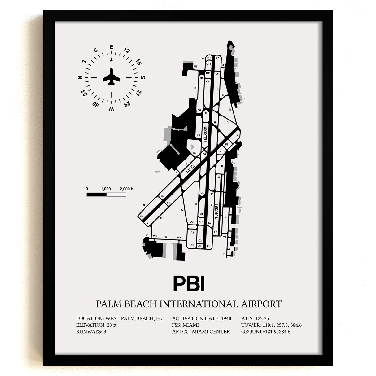Framed Detailed Airport Map of Palm Beach International Airport (PBI) in White with a Black Frame