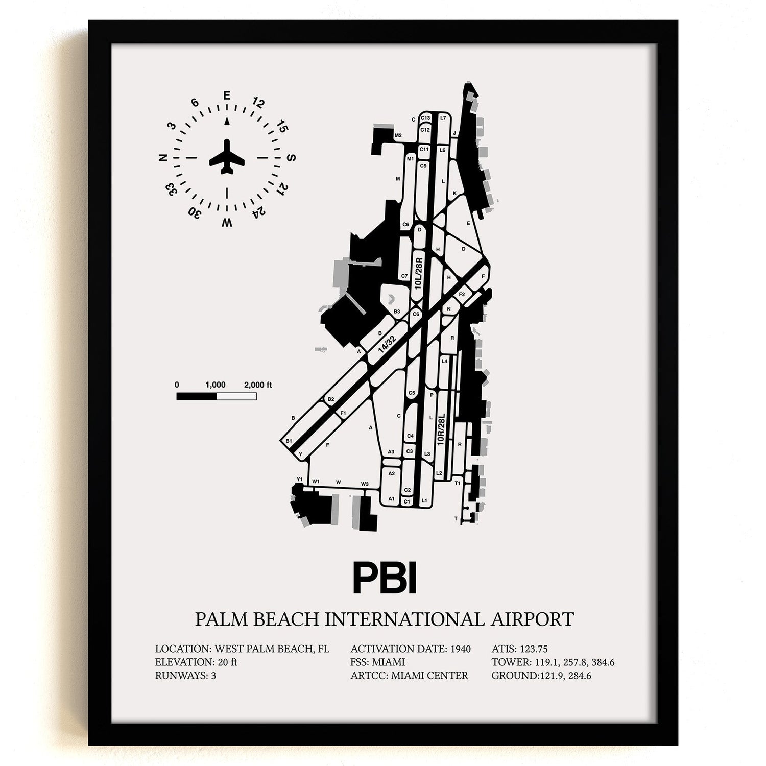 Framed Detailed Airport Map of Palm Beach International Airport (PBI) in White with a Black Frame