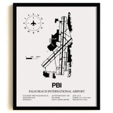 Framed Detailed Airport Map of Palm Beach International Airport (PBI) in White with a Black Frame