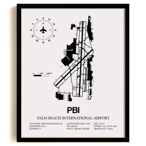 Framed Detailed Airport Map of Palm Beach International Airport (PBI) in White with a Black Frame