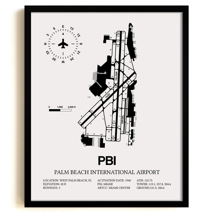 Framed Detailed Airport Map of Palm Beach International Airport (PBI) in White with a Black Frame
