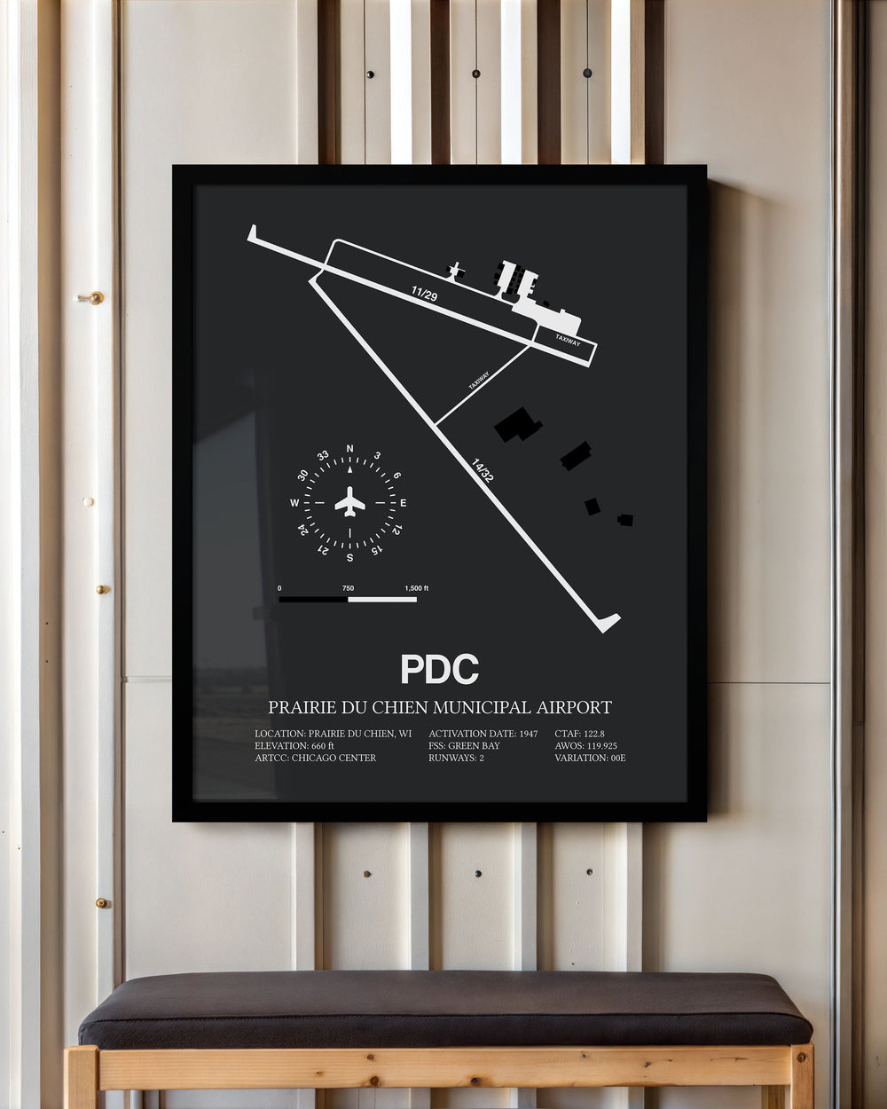 Framed Detailed Airport Map of Prairie Du Chien Municipal Airport (PDC) in Gray with a Black Frame