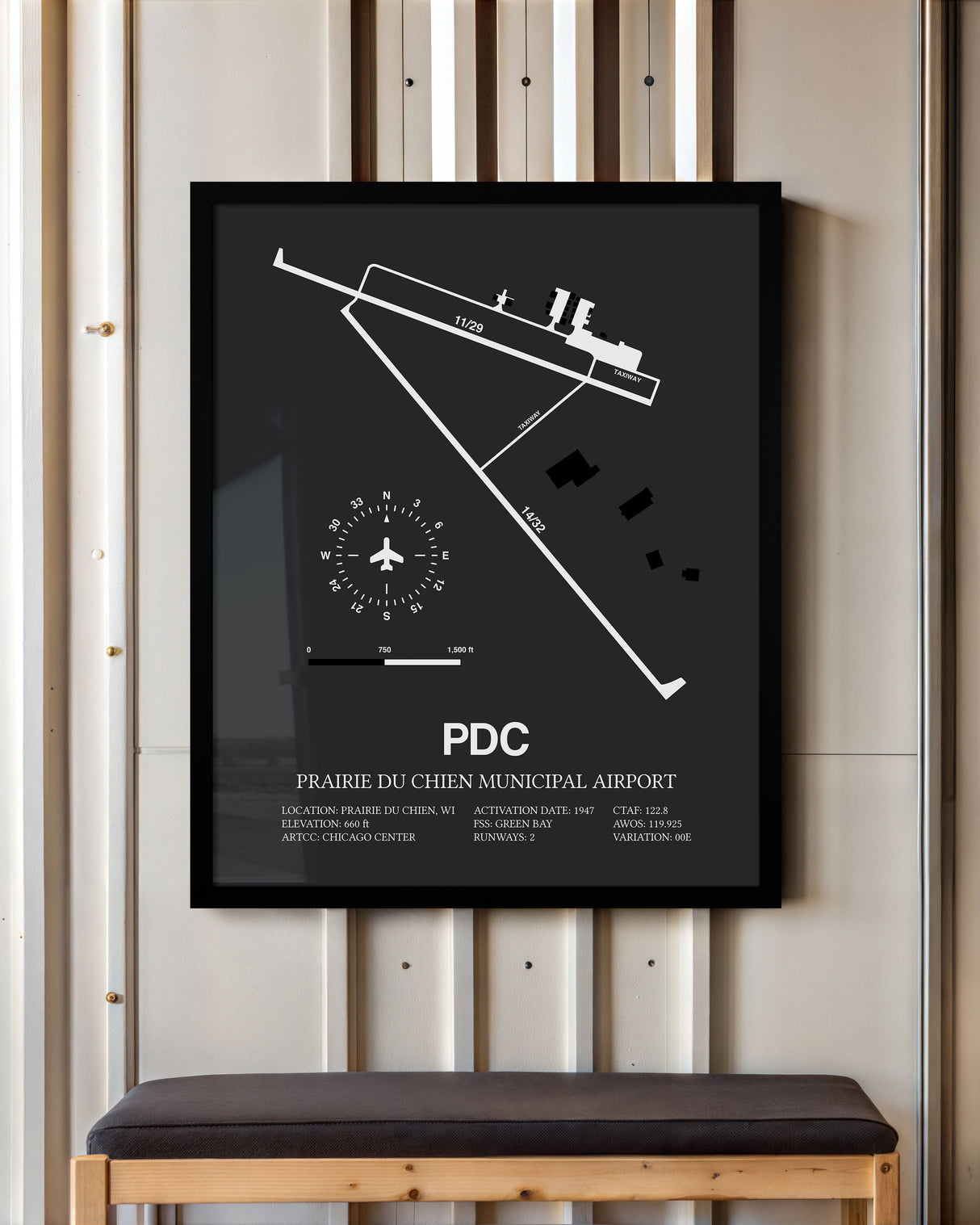 Framed Detailed Airport Map of Prairie Du Chien Municipal Airport (PDC) in Gray with a Black Frame