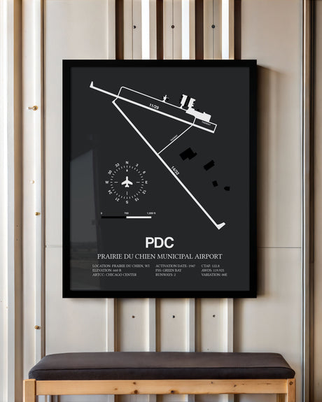 Framed Detailed Airport Map of Prairie Du Chien Municipal Airport (PDC) in Gray with a Black Frame