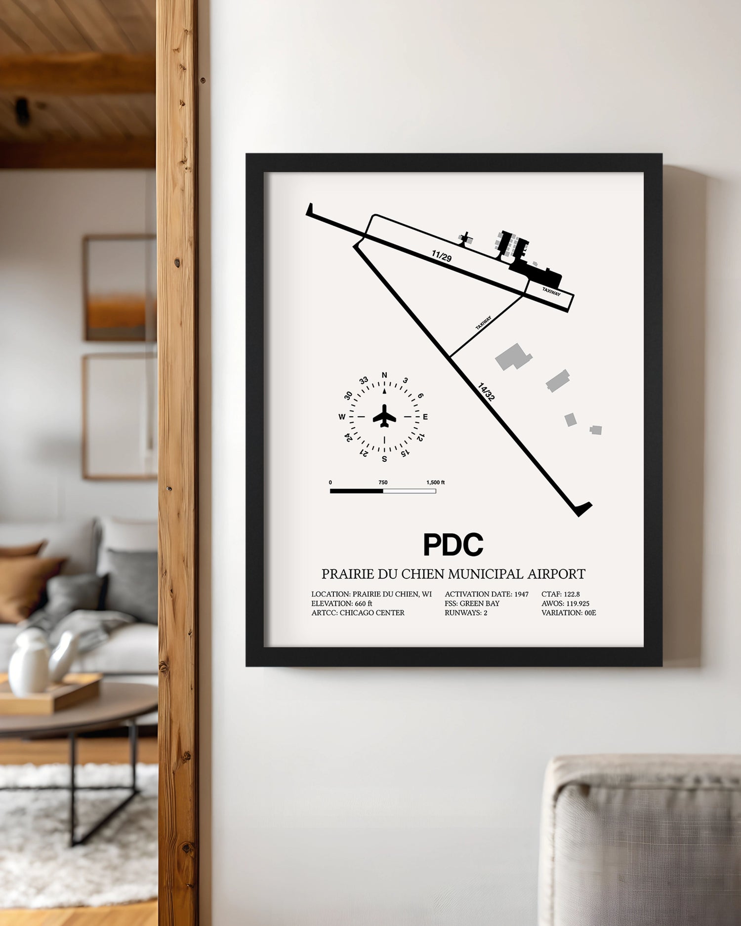Framed Detailed Airport Map of Prairie Du Chien Municipal Airport (PDC) in White with a Black Frame