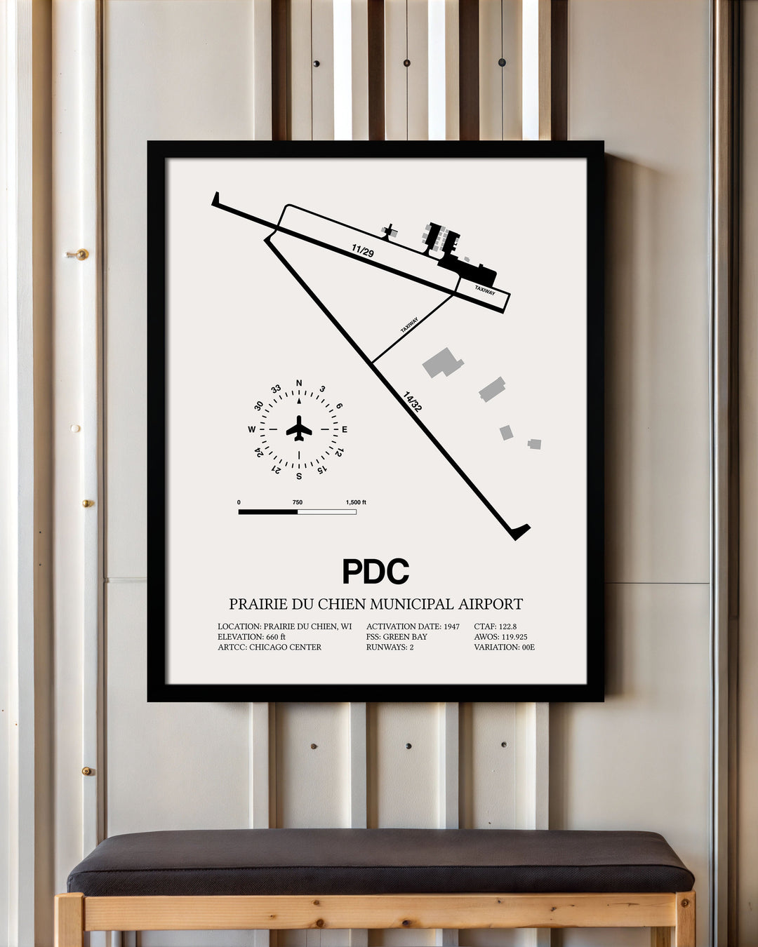 Framed Detailed Airport Map of Prairie Du Chien Municipal Airport (PDC) in White with a Black Frame