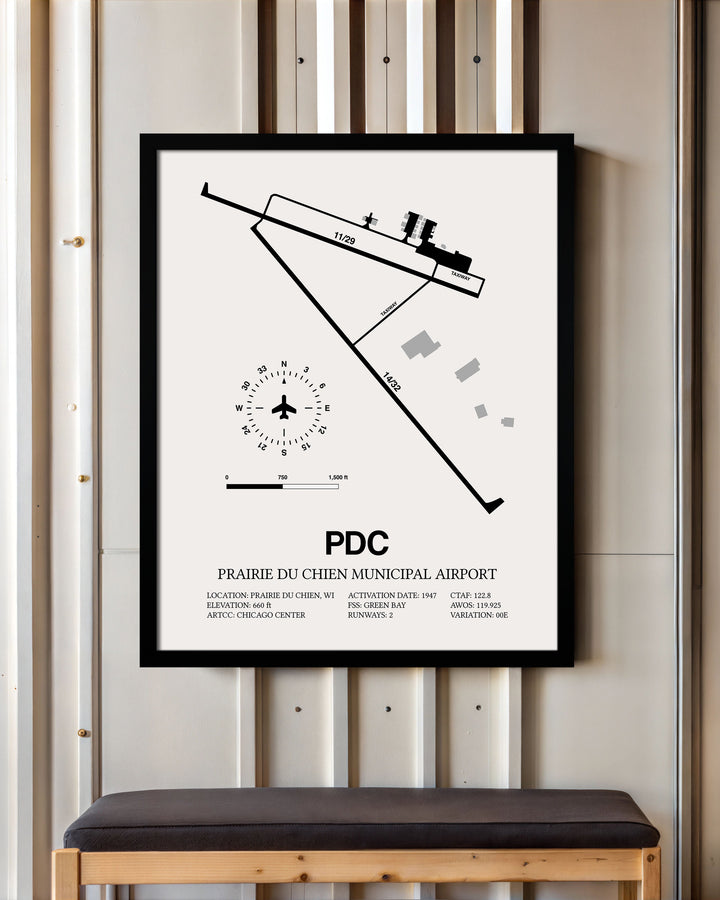 Framed Detailed Airport Map of Prairie Du Chien Municipal Airport (PDC) in White with a Black Frame