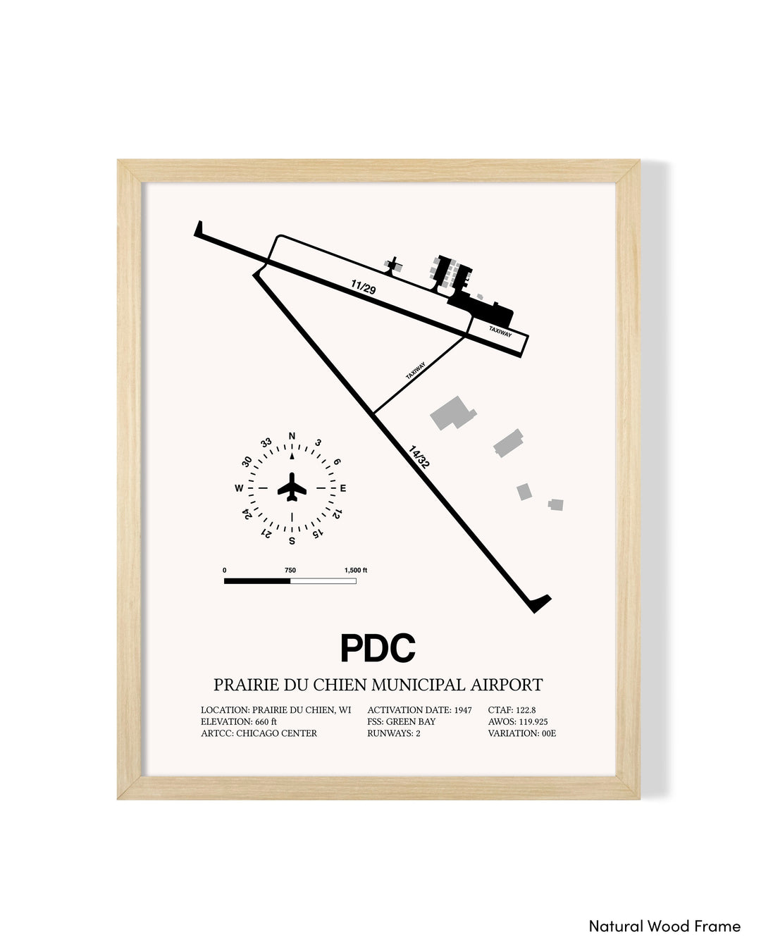 Detailed Airport Map of Prairie Du Chien Municipal Airport (PDC) in White with a Natural Frame