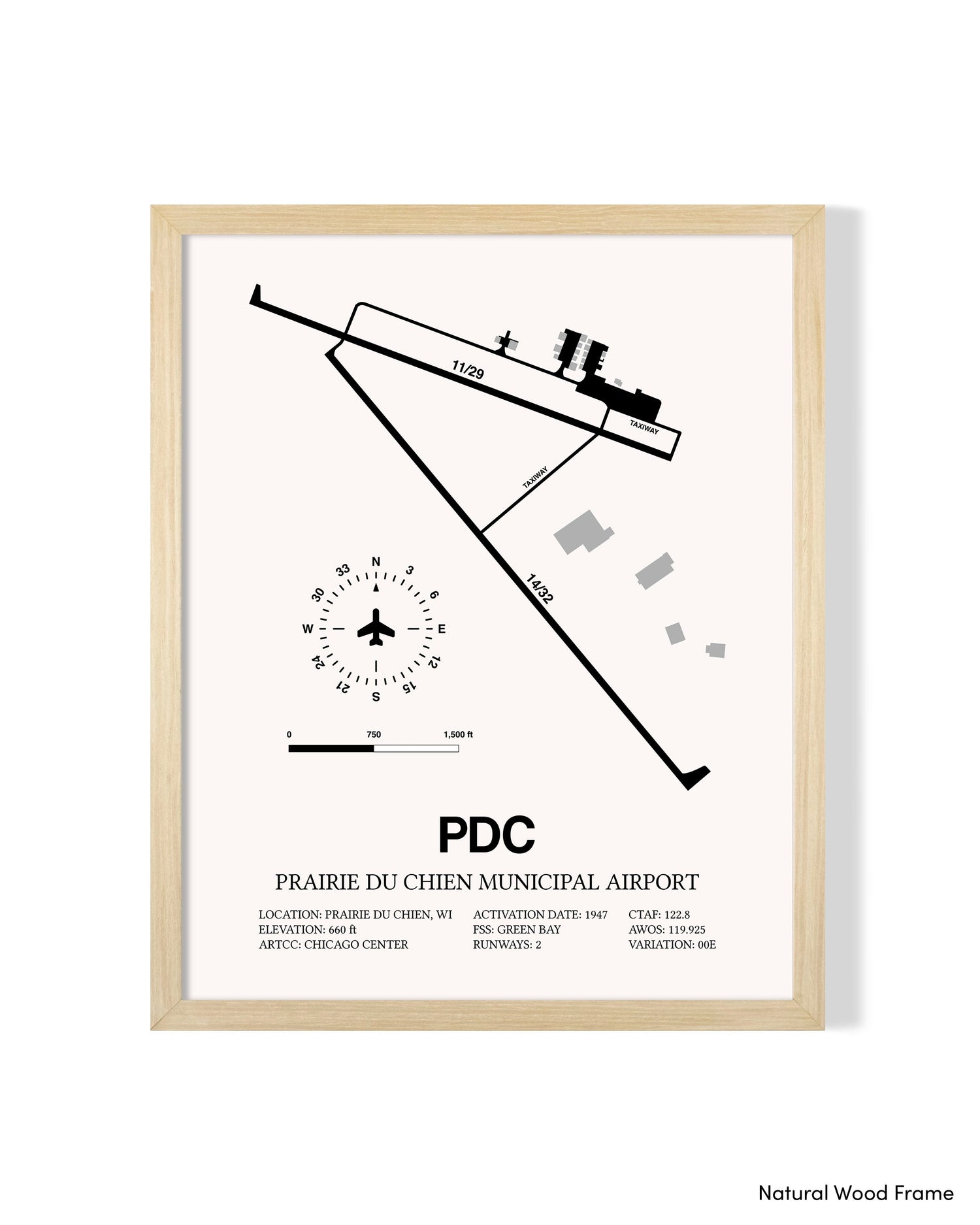Detailed Airport Map of Prairie Du Chien Municipal Airport (PDC) in White with a Natural Frame