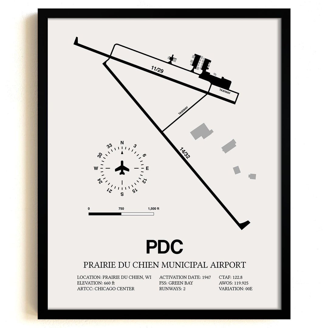 Framed Detailed Airport Map of Prairie Du Chien Municipal Airport (PDC) in White with a Black Frame