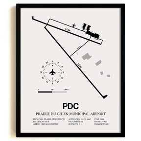 Framed Detailed Airport Map of Prairie Du Chien Municipal Airport (PDC) in White with a Black Frame