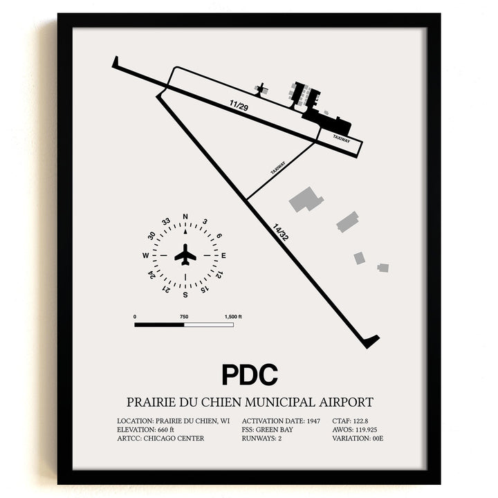 Framed Detailed Airport Map of Prairie Du Chien Municipal Airport (PDC) in White with a Black Frame