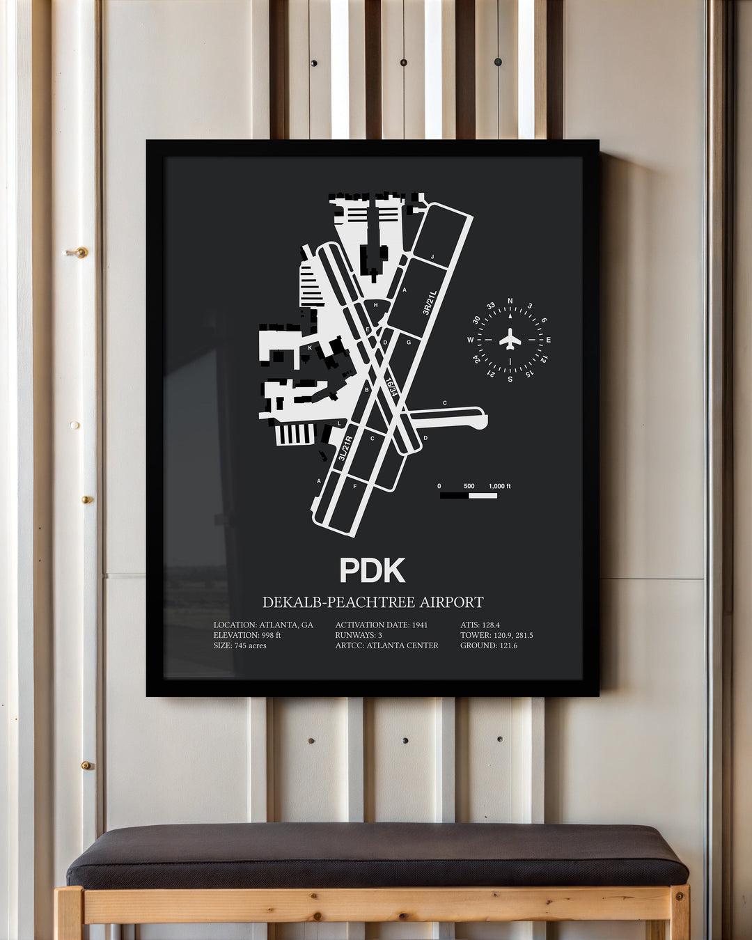 Framed Detailed Airport Map of DeKalb Peachtree Airport (PDK) in Gray with a Black Frame