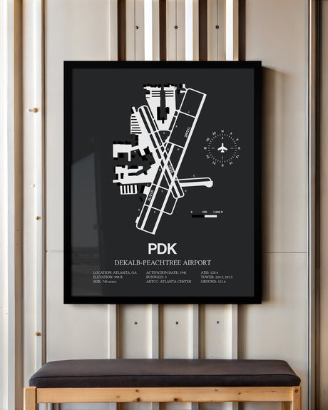 Framed Detailed Airport Map of DeKalb Peachtree Airport (PDK) in Gray with a Black Frame
