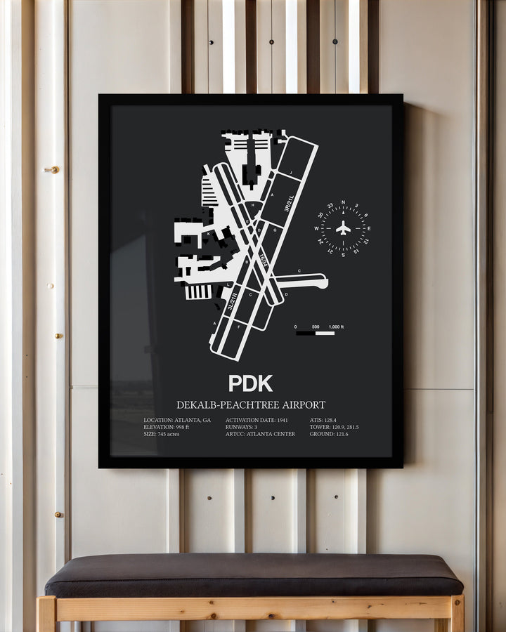 Framed Detailed Airport Map of DeKalb Peachtree Airport (PDK) in Gray with a Black Frame