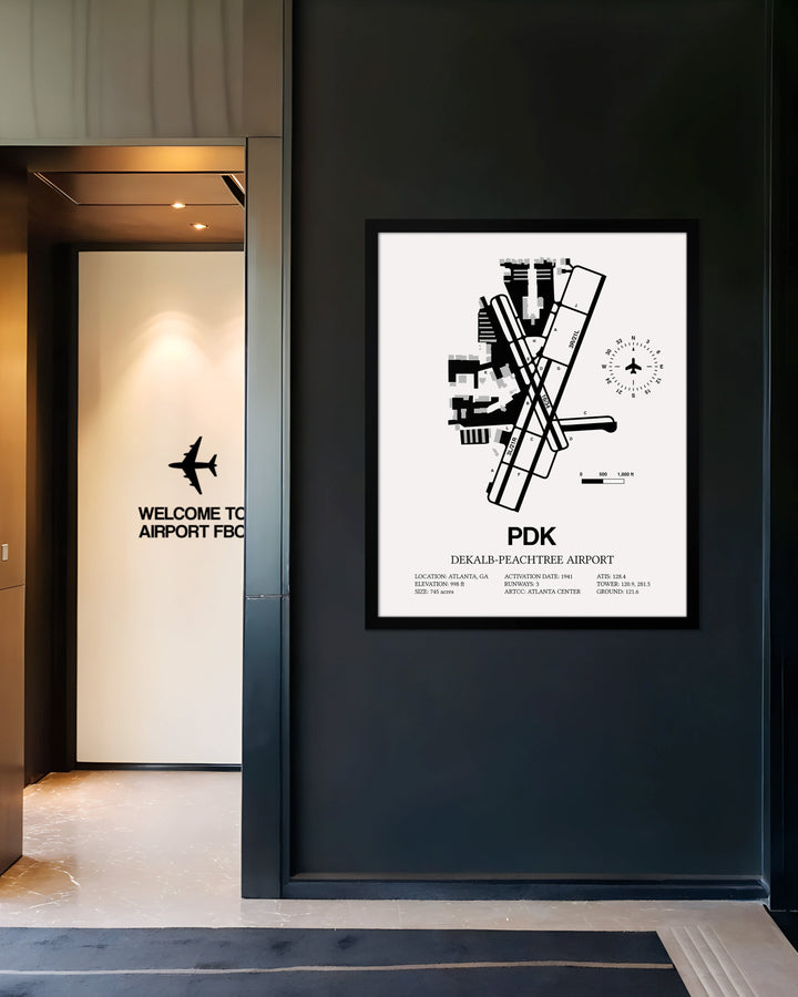 Framed Detailed Airport Map of DeKalb Peachtree Airport (PDK) in White with a Black Frame