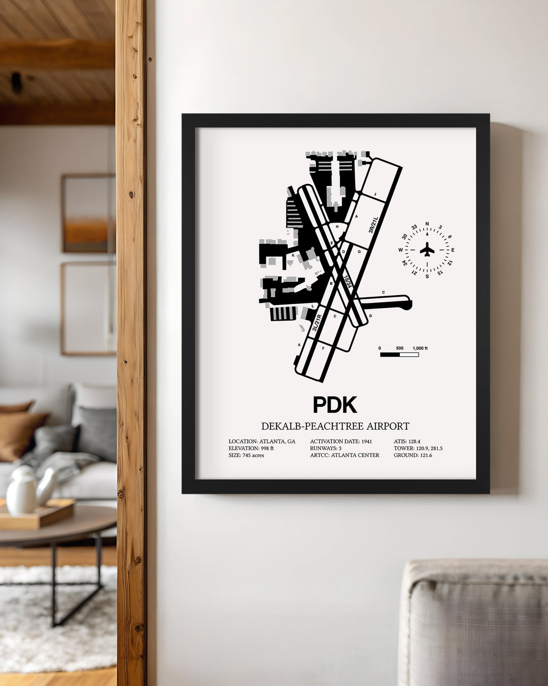 Framed Detailed Airport Map of DeKalb Peachtree Airport (PDK) in White with a Black Frame