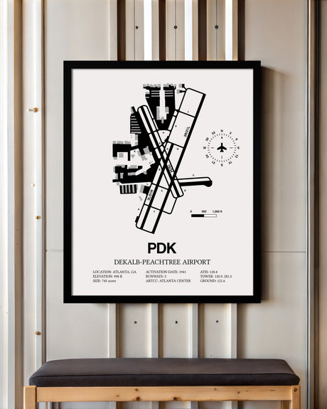 Framed Detailed Airport Map of DeKalb Peachtree Airport (PDK) in White with a Black Frame