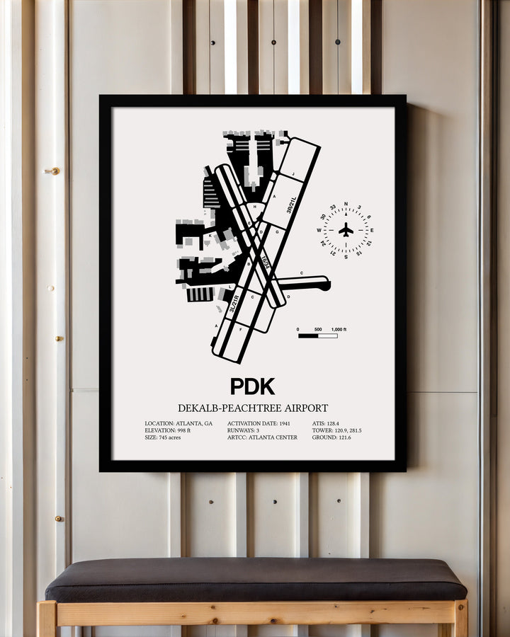 Framed Detailed Airport Map of DeKalb Peachtree Airport (PDK) in White with a Black Frame