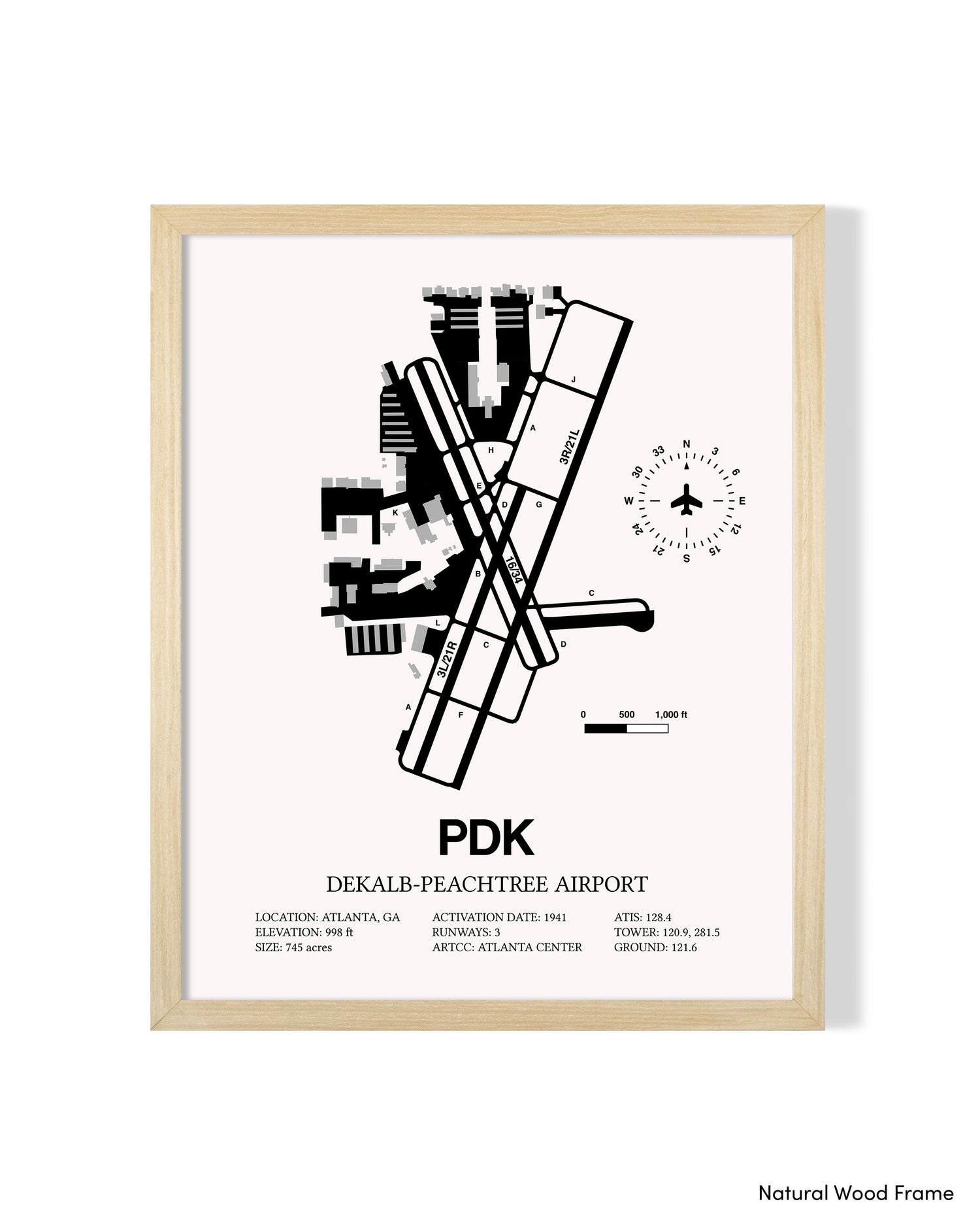 Detailed Airport Map of DeKalb Peachtree Airport (PDK) in White with a Natural Frame