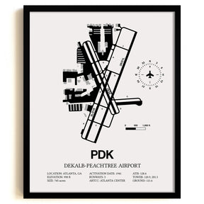 Framed Detailed Airport Map of DeKalb Peachtree Airport (PDK) in White with a Black Frame