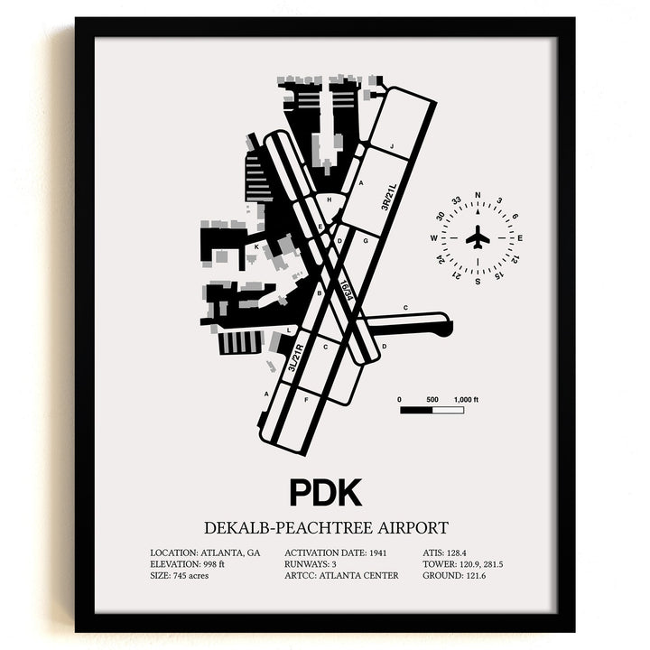 Framed Detailed Airport Map of DeKalb Peachtree Airport (PDK) in White with a Black Frame