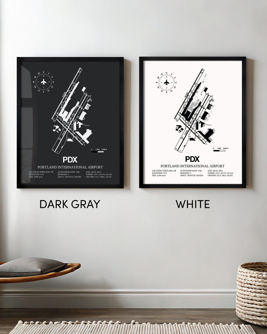 Framed Detailed Airport Map of Portland International Airport (PDX) in White and Gray
