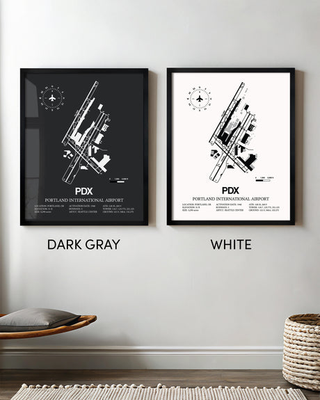 Framed Detailed Airport Map of Portland International Airport (PDX) in White and Gray