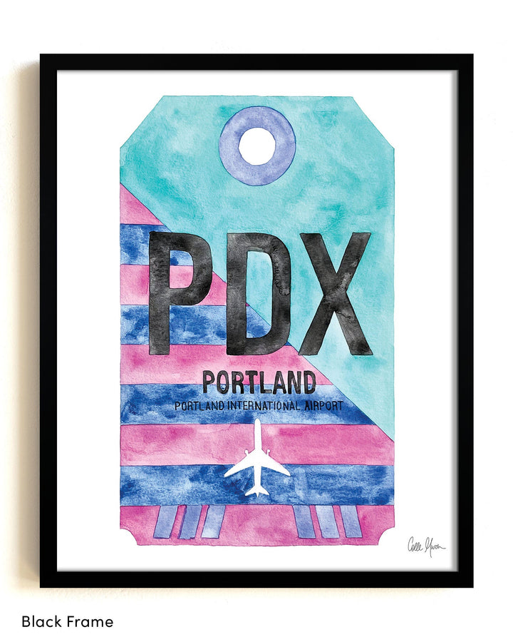 Framed Watercolor Print of Portland International Airport (PDX) with a Black Frame