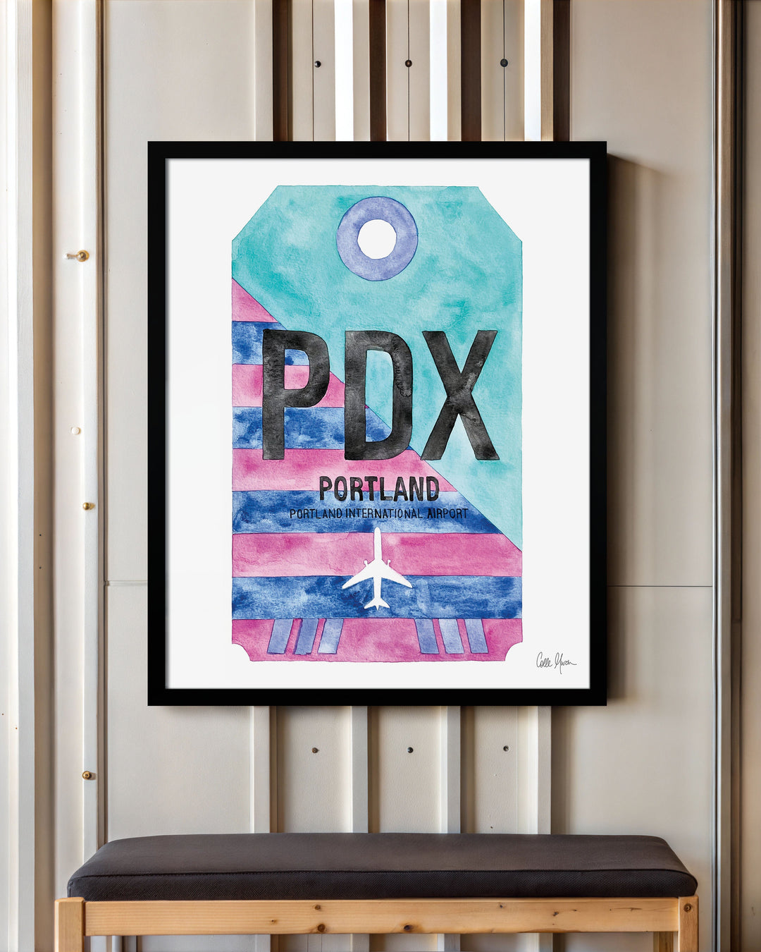 Framed Watercolor Print of Portland International Airport (PDX) with a Black Frame