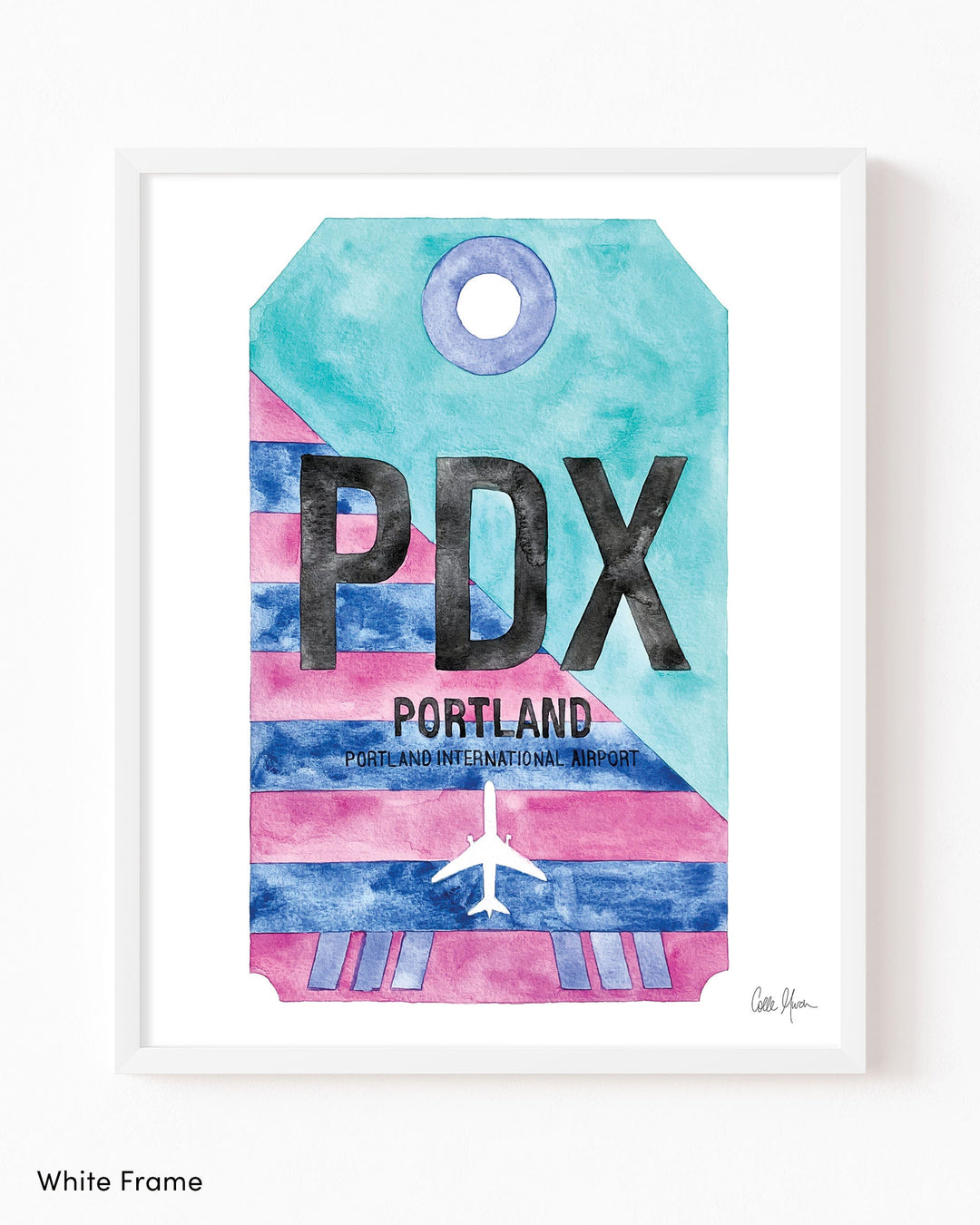 Framed Watercolor Print of Portland International Airport (PDX) with a White Frame