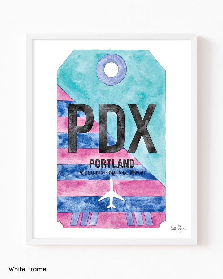 Framed Watercolor Print of Portland International Airport (PDX) with a White Frame