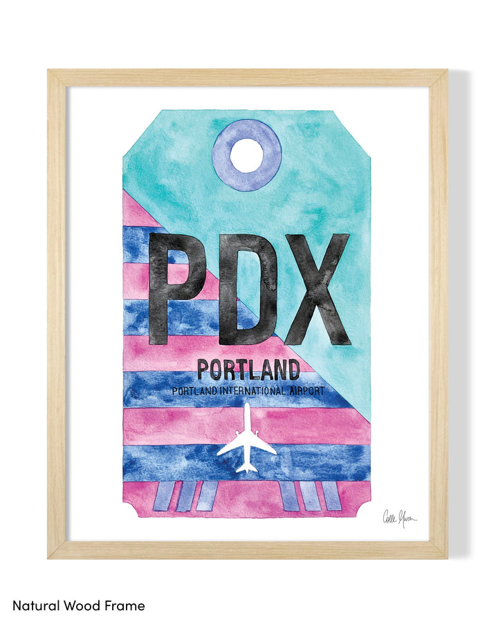 Framed Watercolor Print of Portland International Airport (PDX) with a Natural Wood Frame