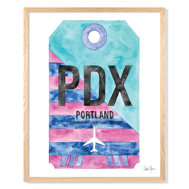 Framed Watercolor Print of Portland International Airport (PDX) with an Oak Frame