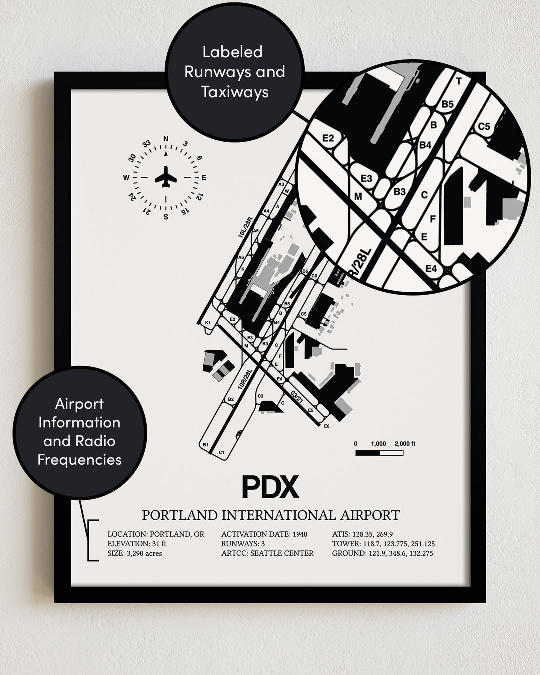 Framed Detailed Airport Map of Portland International Airport (PDX) in White with a Black Frame