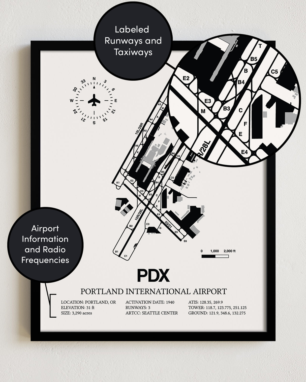Framed Detailed Airport Map of Portland International Airport (PDX) in White with a Black Frame
