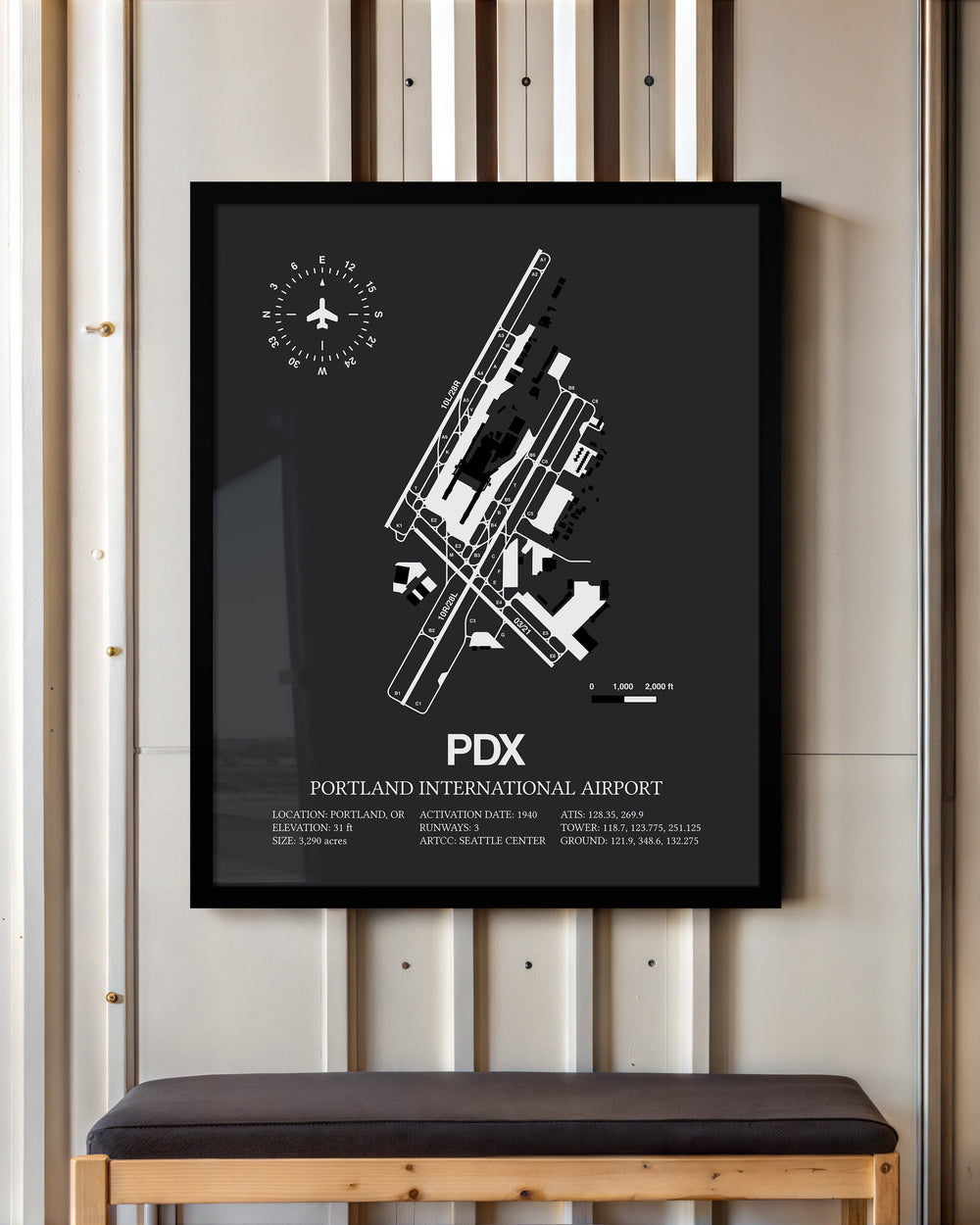 Framed Detailed Airport Map of Portland International Airport (PDX) in Gray with a Black Frame