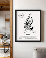 Framed Detailed Airport Map of Portland International Airport (PDX) in White with a Black Frame