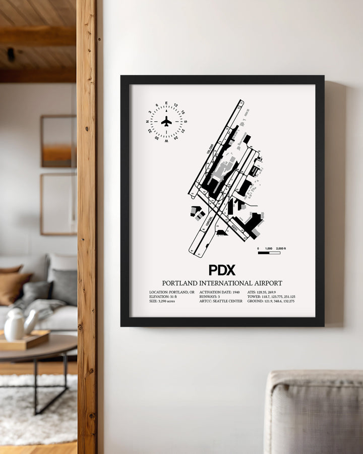 Framed Detailed Airport Map of Portland International Airport (PDX) in White with a Black Frame