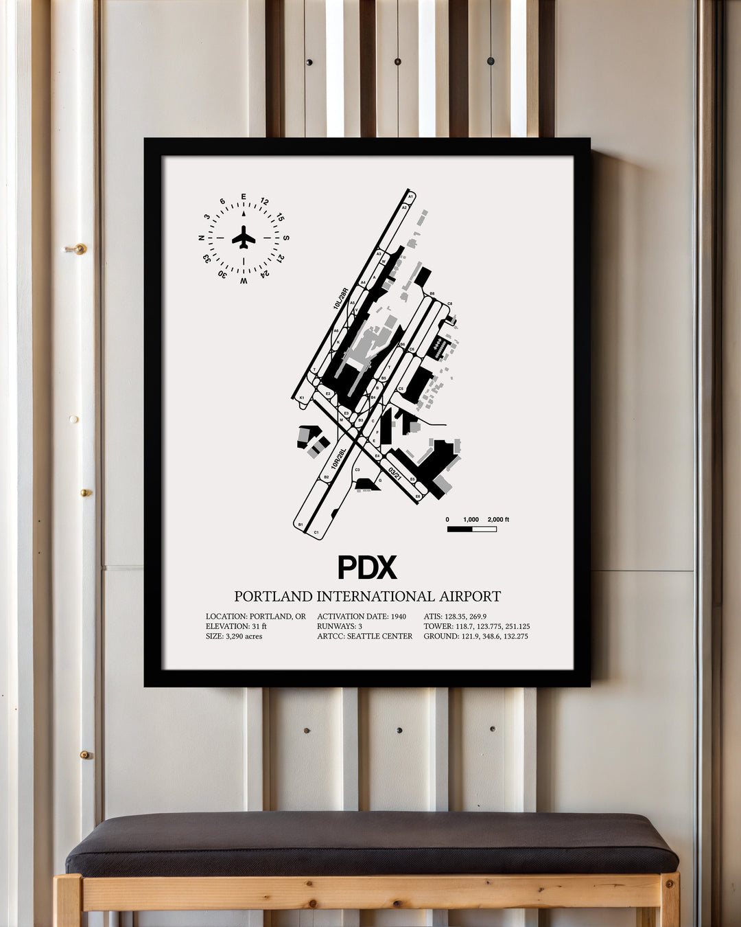 Framed Detailed Airport Map of Portland International Airport (PDX) in White with a Black Frame