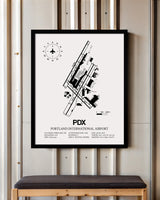 Framed Detailed Airport Map of Portland International Airport (PDX) in White with a Black Frame